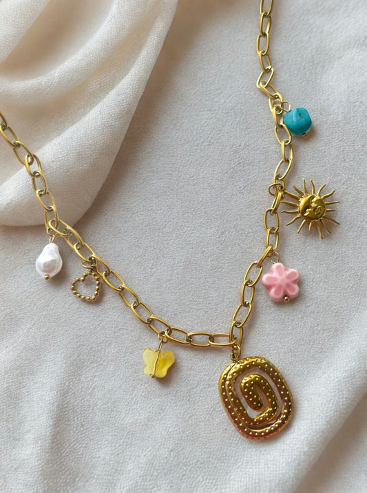 Boho Güneş ve Spiral Charm Çelik Zincir Kolye - Renkli Boncuklu Vintage Tarz Zincir Kolye