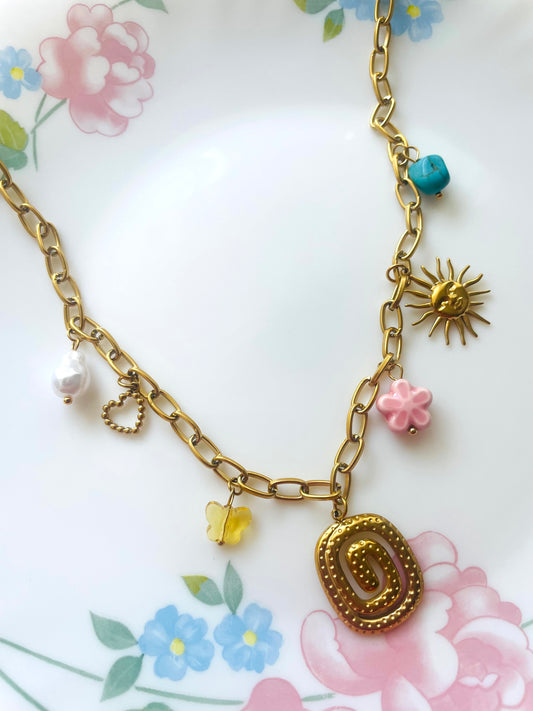 Boho Güneş ve Spiral Charm Çelik Zincir Kolye - Renkli Boncuklu Vintage Tarz Zincir Kolye