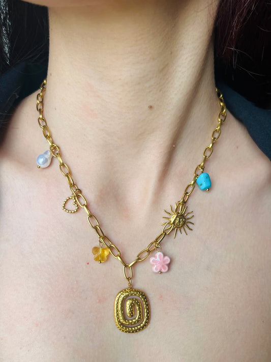 Boho Güneş ve Spiral Charm Çelik Zincir Kolye - Renkli Boncuklu Vintage Tarz Zincir Kolye